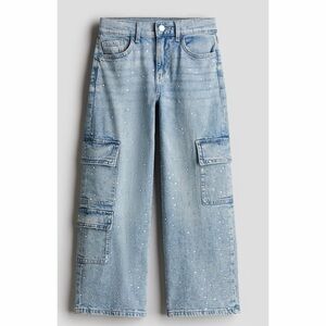 H&M Girls Cargo Jeans US 14 Wide Leg Rhinestone Loose Fit Denim Pants